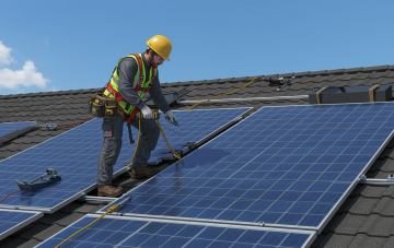Ouvrier qui place des panneaux solaires sur un toit