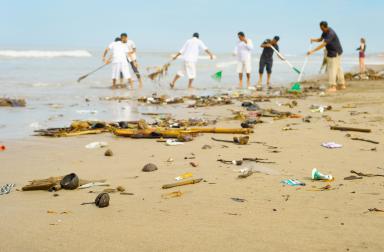 Bénévoles qui ramassent du plastique sur une plage 