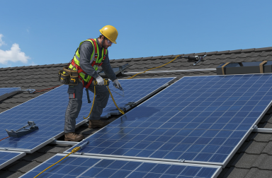 Ouvrier qui place des panneaux solaires sur un toit