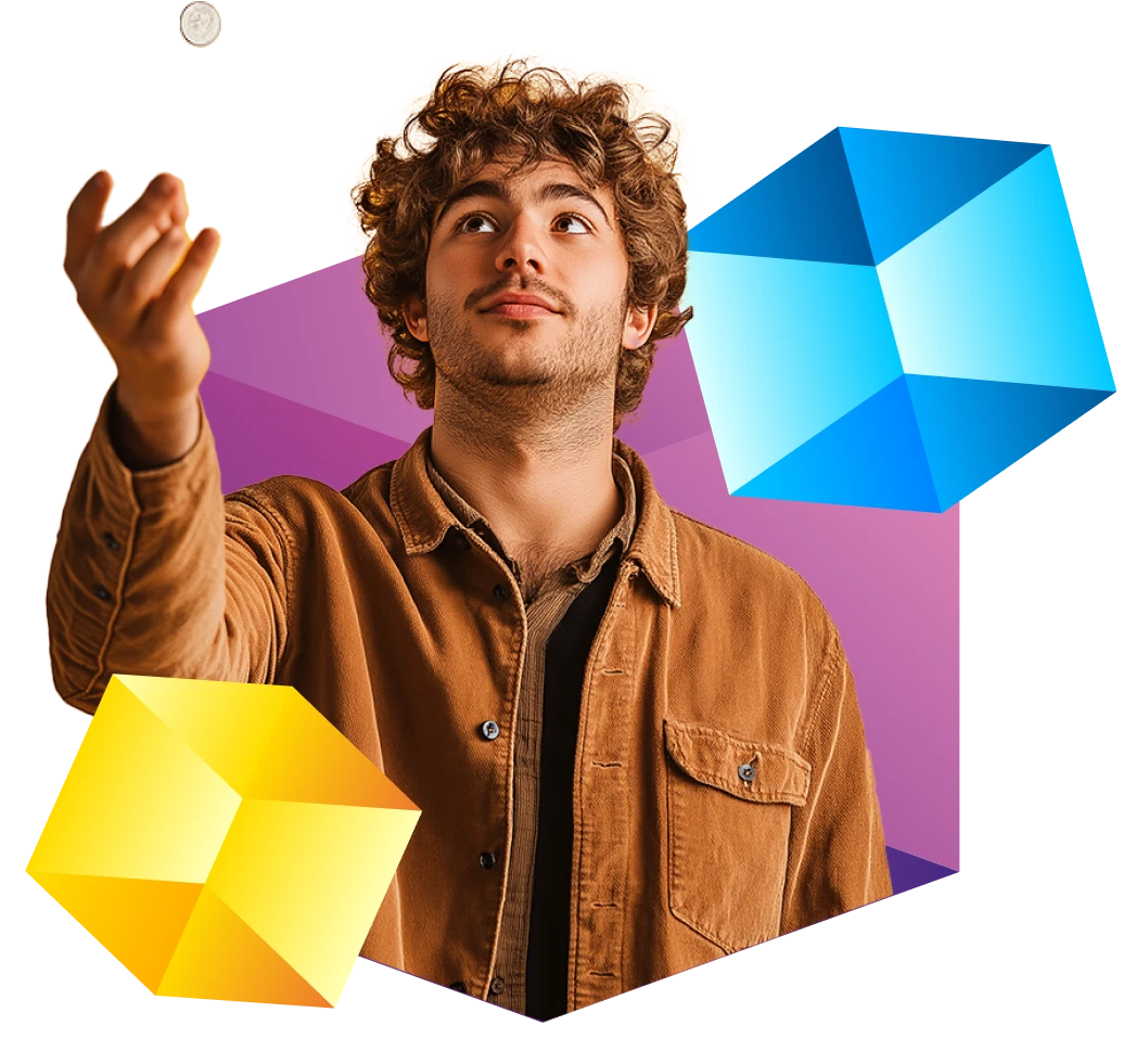 Homme qui lance une pièce de monnaie devant des cubes aux couleurs des produits de la gamme Pixel de TotalEnergies Belgique