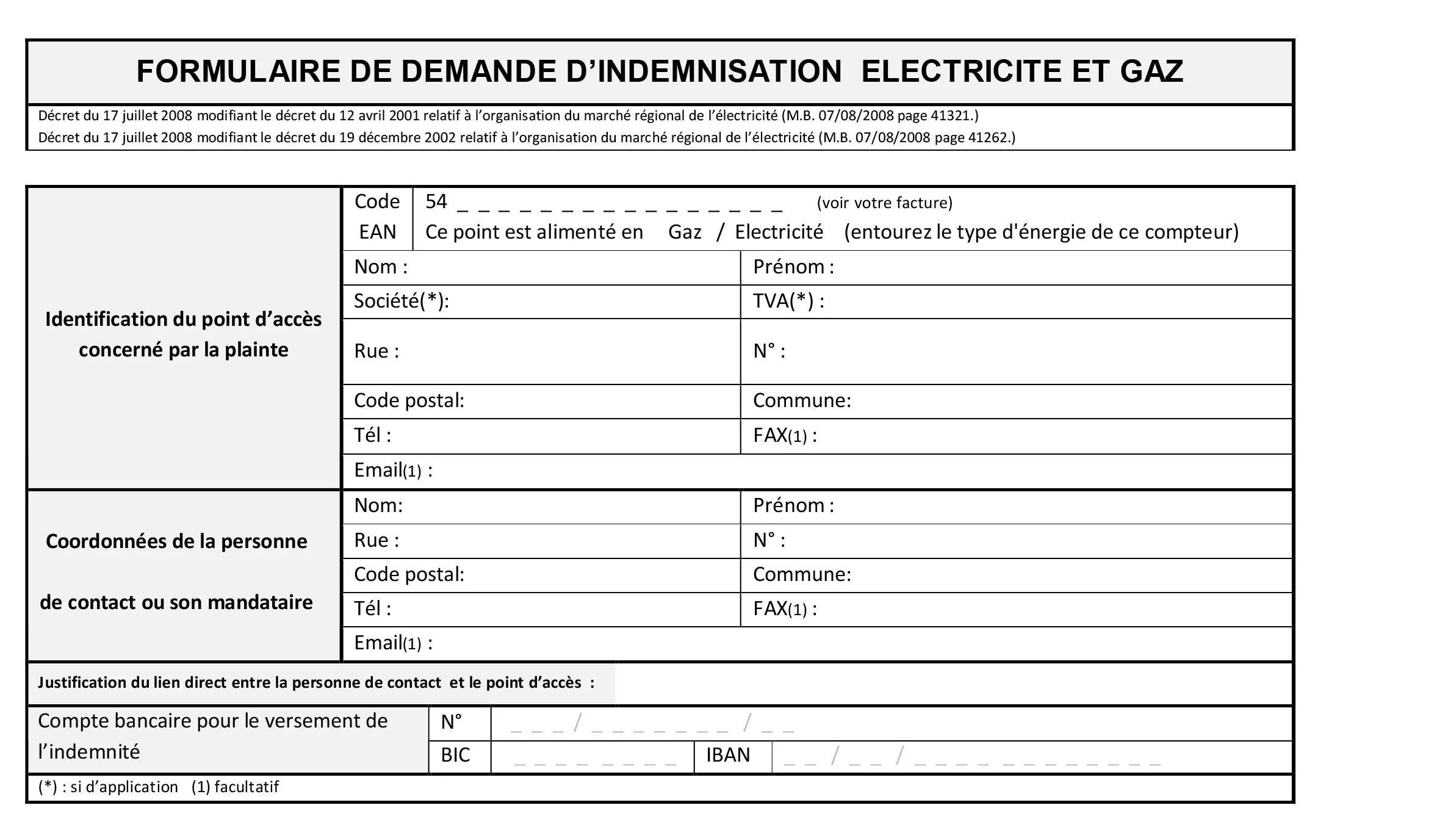 Formulaire indemnisation électricité et gaz