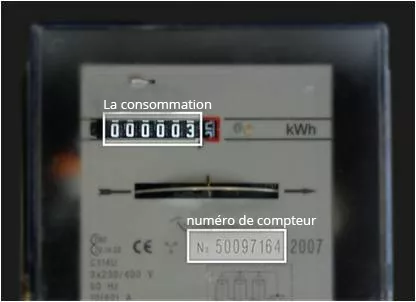 Un compteur avec le numéro de compteur et la consommation