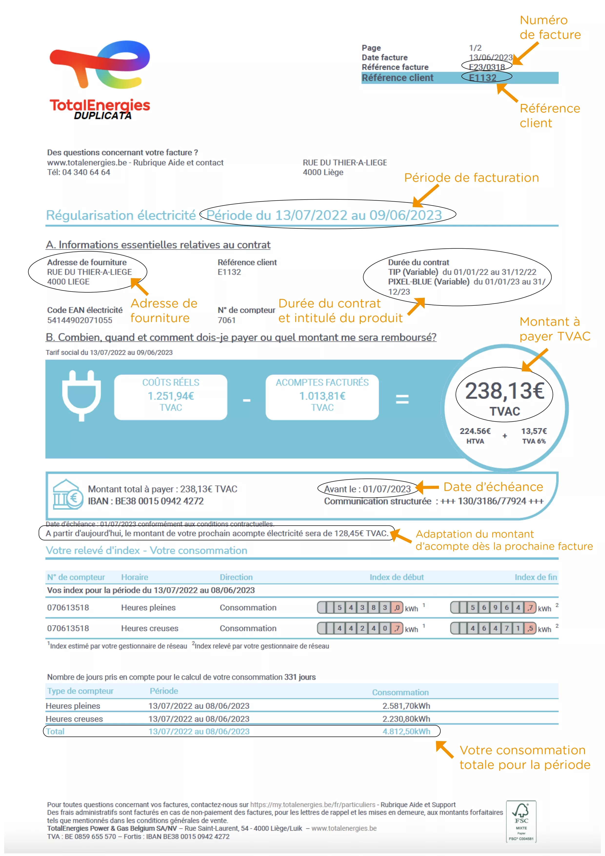 Facture de régularisation anonymisée avec descriptions FR recto