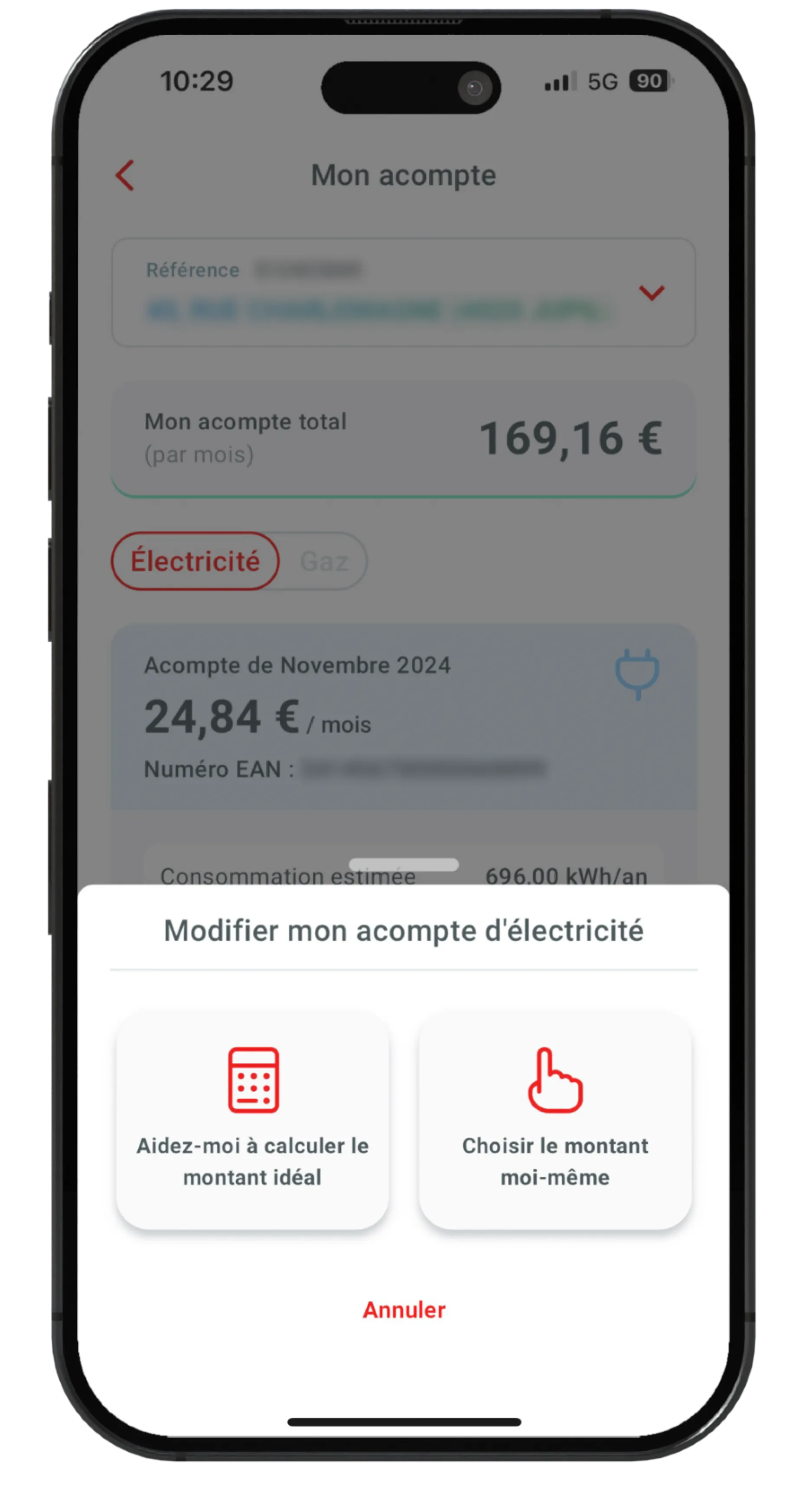 Aperçu du changement d'acompte dans l'app TotalEnergies