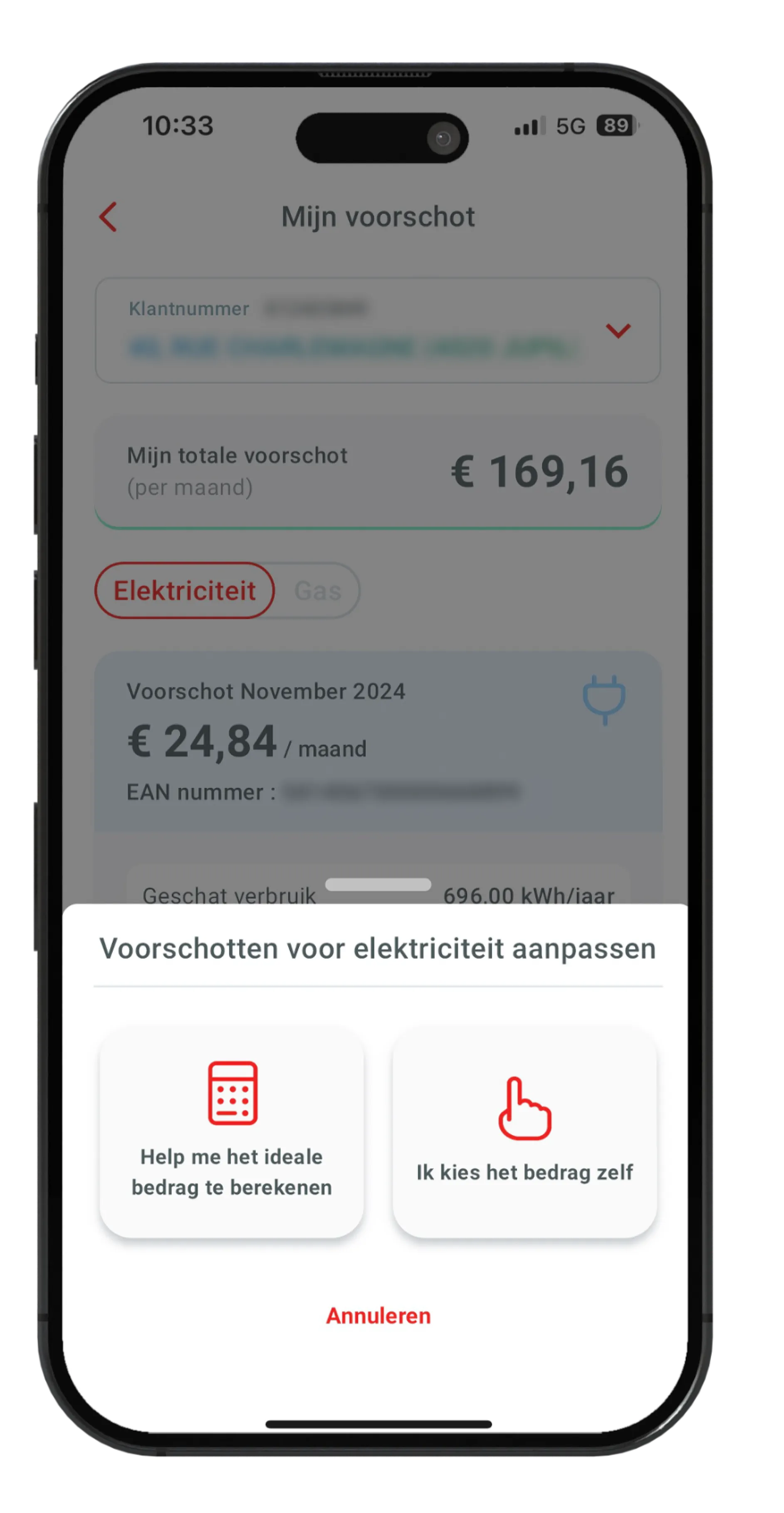 Overzicht van de voorschotwijziging in de TotalEnergies app